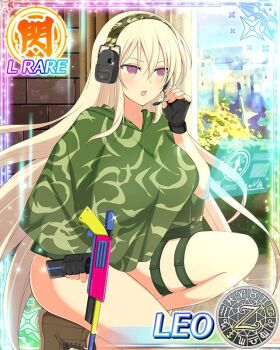 Rule 34 | 1girl, :o, aquarius (symbol), aries (symbol), blonde hair, blush, boots, breasts, brick wall, brown boots, building, camouflage, cancer (symbol), capricorn (symbol), card (medium), character name, curtains, dodecagram, floating screen, gemini (symbol), green poncho, gun, hair between eyes, hand on headset, headphones, headset, holding, holding gun, holding weapon, kneeling, large breasts, leo (senran kagura), leo (symbol), libra (symbol), long hair, microphone, official art, on one knee, paint gun, pisces (symbol), poncho, pouch, purple eyes, sagittarius (symbol), school emblem, scorpio (symbol), screen, senran kagura, senran kagura new wave, solo, sparkle, speaking tube headset, taurus (symbol), thigh pouch, thigh strap, very long hair, virgo (symbol), weapon, window, zodiac wheel