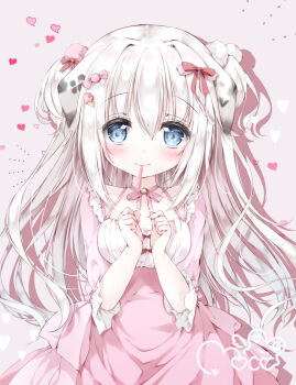 1girl animal_ears artist_request blue_eyes blush breasts candy_hair_ornament choker cleavage dalmatian dog_ears dog_girl dress food food-themed_hair_ornament food_in_mouth hair_ornament hair_ribbon heart highres ice_cream_hair_ornament long_hair long_sleeves looking_at_viewer medium_breasts moco_ofuton mouth_hold original pocky pocky_in_mouth pom_pom_(clothes) pom_pom_hair_ornament ribbon ribbon_choker small_breasts smile solo two_side_up very_long_hair white_hair