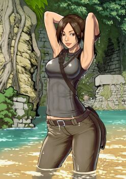 1girl 5tatsu armpits arms_behind_head bare_arms belt belt_buckle breasts brick_wall brown_eyes brown_hair buckle cowboy_shot gloves grey_pants grey_shirt highres jewelry lara_croft large_breasts long_hair looking_at_viewer midriff_peek necklace outdoors pants parted_bangs partially_submerged ponytail ruins shirt shoulder_strap solo tank_top thick_lips tomb_raider wet wet_clothes wet_hair