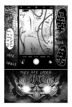 absurdres anal arms_bound ass bdsm blonde_hair blood brothers cellphone chain comic death_note gun highres incest monochrome phone rape satanism sex siblings speech_bubble weapon yaoi