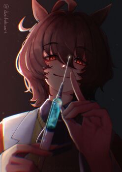 1girl absurdres agnes_tachyon_(tach-nology)_(umamusume) agnes_tachyon_(umamusume) ahoge animal_ears brown_hair closed_mouth coat commentary daifukuart evil_smile hair_between_eyes highres holding holding_syringe horse_ears horse_girl looking_at_viewer red_eyes shade short_hair smile solo sweater_vest syringe twitter_username umamusume white_coat yellow_sweater_vest