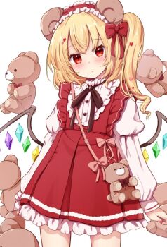 1girl animal_ear_hairband animal_ears baram bear_ears black_ribbon blonde_hair bow commentary cowboy_shot dress fake_animal_ears flandre_scarlet frilled_hairband frills hair_bow hair_ornament hairband heart heart_hair_ornament juliet_sleeves long_hair long_sleeves looking_at_viewer neck_ribbon one_side_up puffy_sleeves red_bow red_dress red_eyes red_hairband red_nails ribbon shirt simple_background solo stuffed_animal stuffed_toy teddy_bear touhou white_background white_shirt wings