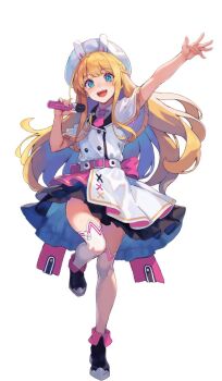 Rule 34 | 1girl, alternate costume, belt, black boots, blonde hair, blue eyes, boots, commentary request, dress, fold-over boots, full body, hat, holding, holding microphone, idol, long hair, looking at viewer, microphone, necktie, official art, open mouth, outstretched arm, pink belt, pink necktie, rit (shin no nakama), second-party source, shin no nakama janai to yuusha no party wo oidasareta no de henkyou de slow life suru koto ni shimashita, short necktie, simple background, smile, solo, standing, standing on one leg, teeth, upper teeth only, white background, white dress, white hat, yasumo (kuusouorbital)