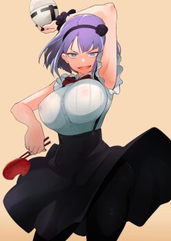 Rule 34 | 10s, 1girl, arm up, armpits, bad id, bad twitter id, black nails, black pantyhose, blue eyes, bowl, breasts, chopsticks, covered erect nipples, dagashi kashi, female focus, grin, high-waist skirt, huge breasts, large breasts, looking at viewer, nail polish, nuezou, open mouth, pantyhose, purple hair, rice, rice bowl, see-through clothes, shidare hotaru, short hair, simple background, skirt, smile, solo, suspender skirt, suspenders, wind, wind lift, yellow background
