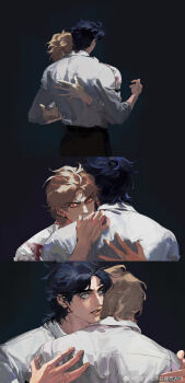 2boys absurdres alternate_costume blonde_hair blue_eyes blue_hair collared_shirt dio_brando glowing glowing_eyes highres hug jojo_no_kimyou_na_bouken jonathan_joestar luguoadeli_(maple12031) male_focus medium_hair multiple_boys pants phantom_blood red_eyes sequential shirt thick_eyebrows upper_body white_shirt wide-eyed yaoi