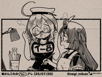 ahoge apron breasts commentary_request glasses greyscale hat headgear heian_maru_(kancolle) i-8_(kancolle) inkwell kantai_collection lamp large_breasts long_hair monochrome name_tag negi_mikan nib_pen_(medium) pen_(medium) puff_of_air sailor_collar sailor_hat school_swimsuit swimsuit traditional_media