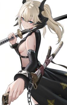 1girl absurdres adversarial_noise black_horns black_robe black_sleeves blonde_hair blue_eyes breasts character_request closed_mouth commentary_request commission detached_sleeves dual_wielding from_side hand_on_weapon highres holding holding_sword holding_weapon horns katana long_hair looking_at_viewer looking_to_the_side multiple_swords original over_shoulder robe scabbard sheath sheathed sideboob sideless_outfit sion_(9117) skeb_commission small_breasts smile solo sword sword_on_back sword_over_shoulder tsuba_(guard) unsheathed unsheathing weapon weapon_on_back weapon_over_shoulder white_background wrist_chain