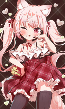 Rule 34 | 1girl, ;p, absurdres, animal ear fluff, animal ears, bare shoulders, black shirt, black thighhighs, bow, box, breasts, brown background, cleavage, closed mouth, commentary, commentary request, floating hair, food, food on face, food on hand, frilled skirt, frills, gift, hair bow, hair ornament, hairclip, heart-shaped box, highres, holding, holding gift, long hair, looking at viewer, masaki (msk064), off-shoulder shirt, off shoulder, one eye closed, original, pink hair, plaid background, plaid clothes, plaid skirt, red eyes, red skirt, ribbed shirt, ribbed thighhighs, shirt, skirt, small breasts, smile, solo, tail, thighhighs, tongue, tongue out, twintails, untranslatable commentary, valentine, very long hair, white bow, x hair ornament