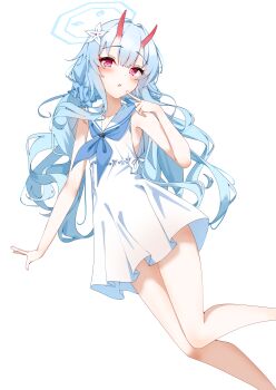 1girl :o absurdres bare_arms bare_legs blue_archive blue_hair blue_neckerchief blush chise_(blue_archive) collarbone commentary cone_horns dress feet_out_of_frame hair_ornament hair_scrunchie halo highres horns kabocya_na long_hair looking_at_viewer neckerchief pink_eyes sailor_dress scrunchie simple_background sleeveless sleeveless_dress solo twintails very_long_hair white_background white_dress