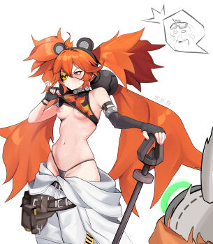 2girls absurdly_long_hair absurdres ahoge anger_vein animal_ear_hairband animal_ears armband bear_ears belt belt_pouch black_belt black_gloves black_hairband black_panties blush breasts brown_belt closed_mouth clothes_lift commentary cropped_legs elbow_gloves english_commentary eous_(zenless_zone_zero) eyepatch fake_animal_ears fingerless_gloves fingernails flame_print frown furrowed_brow gloves goggles goggles_on_head grace_howard hair_between_eyes hair_bobbles hair_ornament hairband half-closed_eyes hand_up highleg highleg_panties highres holding holding_weapon huge_filesize justasillybell koleda_belobog lifting_own_clothes long_hair loose_clothes loose_pants multiple_girls navel nipples no_bra open_mouth panties pants pouch red_eyes red_hair robot shirt_lift simple_background small_breasts split_mouth spoken_anger_vein standing stomach sweat sweatdrop tool_belt twintails underwear undressing very_long_hair weapon white_background white_pants zenless_zone_zero