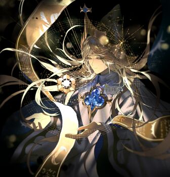 1boy argyle_clothes argyle_hat artist_name black_bow black_hat blonde_hair blue_gemstone bow chest_jewel closed_eyes closed_mouth commentary cookie_run cookie_run:_kingdom dark dark-skinned_male dark_skin elfav english_commentary eyes_visible_through_hair facial_mark floating_hair forehead_mark gem glowing happy hat hexagram highres humanization light_particles long_hair long_sleeves male_focus object_floating_above_hand official_alternate_costume pure_vanilla_cookie pure_vanilla_cookie_(compassionate) robe simple_background smile solo star_(symbol) star_facial_mark stole twitter_username upper_body very_long_hair vignetting watermark white_robe wide_sleeves