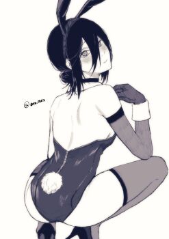 1girl animal_ear_hairband animal_ears ass blush chainsaw_man choker closed_mouth commentary_request elbow_gloves fake_animal_ears fake_tail gloves greyscale hair_between_eyes hair_bun hairband high_heels highleg highleg_leotard highres leotard looking_at_viewer looking_back madaosw medium_hair monochrome rabbit_ear_hairband rabbit_ears rabbit_tail reze_(chainsaw_man) solo squatting tail thighhighs twitter_username wrist_cuffs