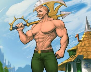 1boy artist_name axe blue_eyes blue_sky brown_hair clenched_hand cloud commentary cowboy_shot escanor green_pants hip_bones holding holding_axe house large_pectorals male_focus muscular muscular_male nanatsu_no_taizai navel pants pectorals redc0928 sky solo topless_male