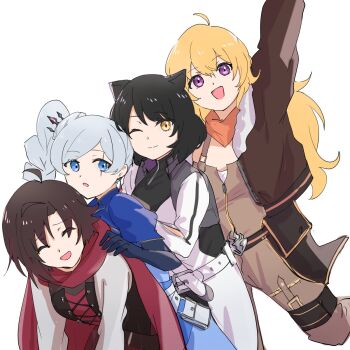 4girls :d :o ;) ^_^ ahoge animal_ears black_dress black_hair blake_belladonna blonde_hair blue_dress blue_eyes blue_jacket brown_hair brown_jacket brown_pants brown_shirt cape cat_ears closed_eyes closed_mouth cropped_jacket cross-laced_clothes cross-laced_dress dress grey_hair grey_vest highres jacket long_hair long_sleeves looking_at_viewer multiple_girls muneta_(ntani_2) nervous_smile one_eye_closed open_clothes open_mouth open_vest orange_scarf pants purple_eyes red_cape ruby_rose rwby scar scar_across_eye scar_on_face scarf shirt side_ponytail simple_background smile split_mouth vest wavy_hair weiss_schnee white_background yang_xiao_long yellow_eyes