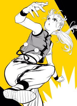 1girl abs armlet breasts chinese_clothes clenched_hand commentary_request greyscale_with_colored_background highres jewelry lee_(dragon_garou) long_hair medium_breasts open_mouth original pants shoes solo twintails v-shaped_eyebrows wristband yellow_background