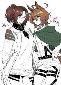 2girls absurdres agnes_tachyon_(tach-nology)_(umamusume) agnes_tachyon_(umamusume) blush brown_cape cape chemical_structure coat collared_shirt commentary cosplay costume_switch earrings exit_runaway glasses hair_between_eyes hair_ornament hand_on_own_hip hange_zoe hem_peeking_out highres jewelry lab_coat long_sleeves looking_at_viewer medium_hair multiple_girls necktie open_clothes open_coat parted_lips partially_colored pen ponytail red_eyes shingeki_no_kyojin shirt short_necktie simple_background single_earring sleeves_past_fingers sleeves_past_wrists smile sweater thigh_strap trait_connection umamusume white_background
