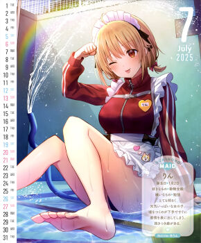 1girl 2025 ;p ahoge apron arm_support artist_name barefoot black_buruma blonde_hair blush bow breasts brown_eyes buruma calendar_(medium) dengeki_moeoh dojikko_pose fallen_down feet foot_out_of_frame frilled_apron frills hair_between_eyes hair_bow hand_up head_tilt highres hose jacket jersey_maid july looking_at_viewer magazine_scan maid maid_headdress name_tag on_ground one_eye_closed original pool rainbow red_bow red_jacket rin_yuu scan shiny_skin short_hair short_twintails solo third-party_source tongue tongue_out track_jacket translation_request twintails unconventional_maid waist_apron water water_drop wet white_apron