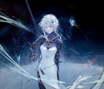 1girl android blue_butterfly braid braided_bun breasts bug butterfly chinese_commentary commentary covered_navel cowboy_shot cyberspace dress frost haicma:_starveil_(pgr) haicma_(pgr) hair_between_eyes hair_bun half-closed_eyes highres holding holding_behind_back holding_weapon holding_weapon_behind_back insect joints linea_alba looking_at_viewer mechanical_arms medium_breasts messy_hair no_headwear pelvic_curtain polearm powering_up punishing:_gray_raven robot_joints solo updo weapon white_dress white_hair wind wind_lift yellow_eyes zhouliang48183