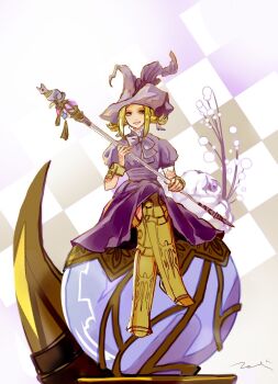 1girl black_mage_(final_fantasy) blonde_hair final_fantasy final_fantasy_xii full_body hat holding holding_staff long_hair looking_at_viewer mochi_(hanamaruudondesu) penelo smile solo staff witch_hat wizard_hat yellow_eyes