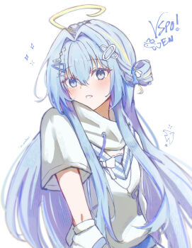 1girl absurdres ahoge blonde_hair blonde_streaks blue_hair commentary eris_suzukami fish_hair_ornament grey_eyes hair_between_eyes hair_ornament hairclip highres light_blush long_sidelocks looking_at_viewer multicolored_hair neck_warmer parted_lips short_sleeves sidelocks simple_background solo sowon_(sowonhae) sweater two-tone_hair upper_body vspo! vspo!_en white_background white_sweater