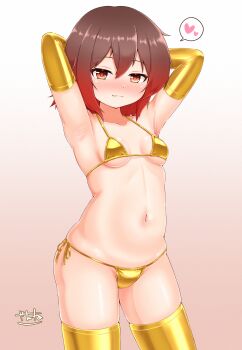 1girl alternate_costume armpits arms_behind_head arms_up bikini blush breasts brown_hair commentary_request elbow_gloves gloves gold_bikini gold_gloves gold_thighhighs gradient_background gradient_hair hair_between_eyes heart highres kantai_collection loli looking_at_viewer micro_bikini multicolored_hair mutsuki_(kancolle) nose_blush red_eyes red_hair short_hair side-tie_bikini_bottom small_breasts smile solo speech_bubble spoken_heart standing string_bikini swimsuit thighhighs zanne