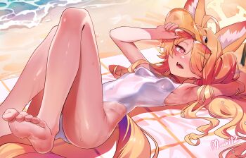 1girl :d absurdres adjusting_eyewear ahoge animal_ear_fluff animal_ears arm_behind_head arm_up armpits artist_name bare_arms bare_legs barefoot beach beach_mat beach_towel blonde_hair blue_archive blush breasts bright_pupils choker commentary covered_navel cross_halo diamond_cutout english_commentary extra_ears feet flower fox_ears fox_girl fox_tail hair_flower hair_ornament hair_over_one_eye half-closed_eyes halo hand_on_eyewear hand_up highleg highleg_one-piece_swimsuit highres hip_bones huge_filesize knees_up loli long_hair long_sidelocks looking_at_viewer lying maaki12 ocean official_alternate_costume official_alternate_hairstyle on_back one-piece_swimsuit one_eye_covered open_mouth pink_eyes red_choker sand seia_(blue_archive) seia_(swimsuit)_(blue_archive) shade side_ponytail sidelocks small_breasts smile soles solo sweat swimsuit tail teeth thighs tinted_eyewear toes tongue towel very_long_hair very_sweaty visor_cap wet white_one-piece_swimsuit white_pupils yellow_eyes yellow_visor