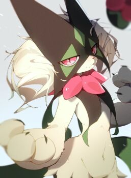 1other body_fur claws closed_mouth commentary furry green_fur highres looking_at_viewer meowscarada nintendo pink_eyes pokemon pokemon_(creature) pokemon_focus pspider_(fkse3722) simple_background solo symbol-only_commentary two-tone_fur