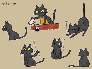 animal apron black_cat brown_background cat coffee coffee_pot maneki-neko multiple_views no_humans orange_apron original outline pouring staring stretching tsukigi white_outline yellow_eyes