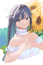 Rule 34 | 1girl, ahataro, aqua hair, bare arms, bare shoulders, black hair, blue background, blue hair, blunt bangs, breasts, closed mouth, collar, collarbone, colored inner hair, commentary, cropped torso, flower, frilled collar, frilled shirt, frilled sleeves, frills, green background, hands up, highres, interlocked fingers, light smile, long hair, looking at viewer, medium breasts, multicolored background, multicolored hair, neck ribbon, off-shoulder shirt, off shoulder, own hands together, ribbon, shirt, short sleeves, shoujo kageki revue starlight, sidelocks, solo, sunflower, tsuyuzaki mahiru, two-tone hair, two side up, upper body, white background, white collar, white ribbon, white shirt, yellow flower