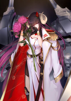 1girl absurdres aiguillette asymmetrical_dress azur_lane belt bouquet breasts brown_belt brown_gloves brown_hair buttons cleavage coat coat_on_shoulders colored_inner_hair commentary_request curled_horns double-breasted dress epaulettes flower gloves gold_trim half_gloves highres holding holding_bouquet horns large_breasts long_hair long_sleeves multicolored_hair open_clothes open_coat pink_flower pink_hair purple_eyes red_flower rigging sakura_empire_(emblem) satsukitou ship_turret solo suruga_(azur_lane) two-tone_hair very_long_hair white_coat white_dress