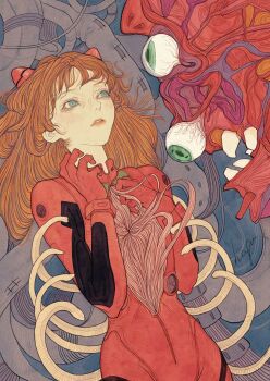 1girl blue_eyes bodysuit bone eva_02 green_eyes hagushka highres interface_headset_(evangelion) long_hair mecha mecha_pilot_suit neon_genesis_evangelion orange_hair plugsuit_(evangelion) red_bodysuit robot solo souryuu_asuka_langley teeth