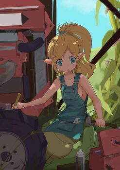 1girl bare_shoulders blonde_hair blue_eyes blue_overalls blush breasts female_focus hammer highres jashin-chan jashin-chan_dropkick lamia minos_drawfag monster_girl motor_vehicle naked_overalls no_bra open_mouth outdoors overalls pointy_ears ponytail sideboob small_breasts solo source_request toolbox tools tractor wrench