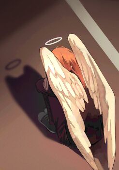 1boy absurdres angel_devil_(chainsaw_man) angel_wings black_jacket black_pants black_suit brown_hair cat_shadow_puppet_(meme) chainsaw_man chyan_0012 crossed_arms derivative_work facing_away feathered_wings formal_clothes from_above halo highres hugging_own_legs jacket long_hair male_focus meme pants shoes sneakers solo suit white_wings wings