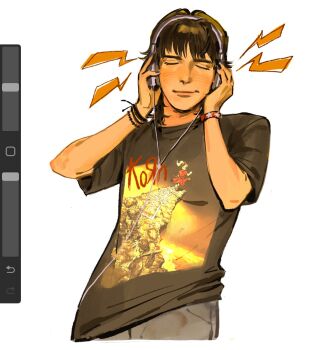 1girl art_program_in_frame band_shirt bead_bracelet beads black_shirt blue_nails bracelet choppy_bangs closed_eyes cowboy_shot cropped_legs denim grey_pants hands_on_headphones headphones highres jeans jewelry korn_(band) kunnuscumnus light_smile lightning_bolt_symbol merchandise multiple_bracelets pants procreate_(medium) procreate_(software) real_life self-portrait shirt simple_background t-shirt white_background wolf_cut