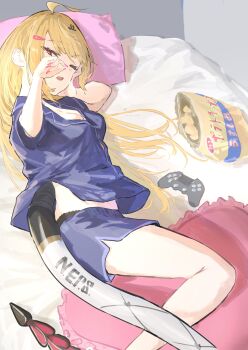 1girl ahoge bag_of_chips blonde_hair blue_shirt blue_shorts breasts chips_(food) cissia_(zenless_zone_zero) cleavage commentary_request controller feet_out_of_frame food frilled_pillow frills game_controller hair_ornament hairclip head_on_pillow heart heart-shaped_pillow highres indoors kei201107 long_hair looking_at_viewer lying medium_breasts on_bed on_side one_eye_closed open_mouth pillow pink_nails red_eyes shirt shorts snake_girl snake_tail solo tail zenless_zone_zero
