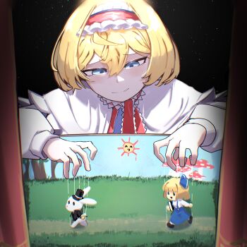 1girl ^_^ absurdres alice_margatroid alice_margatroid_(pc-98) bat_krub black_background black_shoes blonde_hair blue_dress blue_eyes blue_ribbon book capelet character_doll closed_eyes curtains doll drawing_(object) dress formal_clothes frilled_hairband frills grass hair_ribbon hairband hat highres holding holding_book light_blush light_particles long_sleeves mini_hat mini_top_hat mushroom puppet_show puppet_strings rabbit rabbit_puppet red_hairband red_ribbon ribbon shirt shoes short_hair smile solo split_mouth suit sun suspenders top_hat touhou tree white_capelet white_shirt