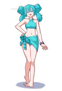 1girl alternate_costume aqua_bikini aqua_eyes aqua_hair bikini full_body hair_up hashtag-only_commentary hatsune_miku highres kanbaru_mitsuki looking_at_viewer open_mouth revision simple_background smile solo standing swimsuit vocaloid white_background