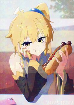 1girl absurdres akita_neru bare_shoulders black_sleeves blonde_hair breasts cellphone collared_shirt commentary detached_sleeves double-parted_bangs fin_gocco food grey_shirt hair_between_eyes hair_tie head_rest highres holding holding_food hot_dog long_hair looking_at_viewer necktie phone shirt sideboob sleeveless sleeveless_shirt smartphone symbol-only_commentary very_long_hair vocaloid yellow_eyes yellow_necktie yellow_trim