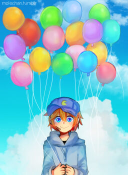 1boy aged_down animification artist_name balloon bandaid bandaid_on_face baseball_cap blue_eyes blush child cloud cloudy_sky commentary eddsworld english_commentary hat holding holding_balloon hood hood_down hoodie long_sleeves looking_at_viewer male_focus matt_(eddsworld) molechan official_alternate_costume orange_hair purple_hat short_hair sky smile solo tumblr_username white_hoodie
