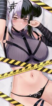 1girl absurdres black_arm_warmers black_hair black_panties blush breasts caution_tape closed_mouth double_bun grey_hair hair_bun highres hololive hololive_english karu_(karusenpai) large_breasts looking_at_viewer multicolored_hair navel panties shiori_novella solo split-color_hair striped_arm_warmers two-tone_hair underwear virtual_youtuber yellow_eyes