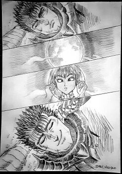 1boy 1girl armor artist_name berserk berserker_armor casca_(berserk) commentary_request couple guts_(berserk) highres mad_sharpen messy_hair moon remembering signature spiked_hair twitter_username