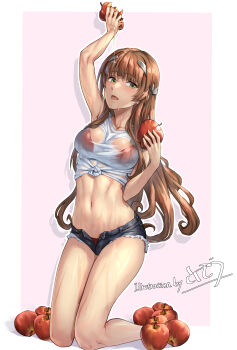 1girl absurdres armpits bra brown_hair collarbone commentary_request crop_top denim denim_shorts front-tie_top fur-trimmed_shorts fur_trim green_eyes helena_(kancolle) highres kantai_collection kneeling kokuzou long_hair navel open_fly panties red_bra red_panties shorts solo stomach underwear very_long_hair wet wet_clothes
