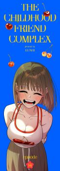 1girl absurdres arm_behind_back bare_shoulders blue_background blush breasts chapter_number cherry cherry_print childhood_friend_complex cleavage closed_eyes cover cover_page english_text eunhi food food_print fruit fruit_print highres korean_commentary large_breasts lee_ha-neul mole mole_under_mouth official_art open_mouth skirt smile tank_top teeth tongue white_tank_top