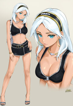 1girl bag belt black_bra black_skirt blue_eyes bra bracelet breasts buttons chaesu cleavage earrings full_body handbag headband highres hoop_earrings jewelry large_breasts looking_at_viewer looking_to_the_side medium_hair midriff model navel necklace parted_bangs parted_lips sandals skirt tagme tan turqoise_eyes underwear upper_body white_hair