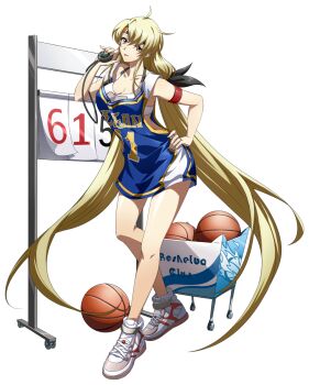Rule 34 | 1girl, absurdly long hair, arm strap, ball, basketball, basketball (object), basketball jersey, black ribbon, blonde hair, blue shirt, breasts, cleavage, clothes writing, collarbone, contrapposto, floating hair, full body, game cg, hair between eyes, hair ribbon, hand on own hip, hand up, head tilt, headband, highres, holding, holding stopwatch, jersey, langrisser, langrisser ii, langrisser mobile, large breasts, legs, long hair, long sidelocks, looking at viewer, low ponytail, official alternate costume, official art, orange eyes, ponytail, rana (langrisser), ribbon, scoreboard, second-party source, shiny skin, shirt, shoes, sidelocks, simple background, sleeveless, smile, sneakers, solo, sports bra, sportswear, standing, stopwatch, tachi-e, tongue, tongue out, transparent background, twintails, very long hair, watch, white shoes