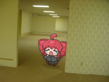 1girl ahoge backrooms_(creepypasta) black_skirt black_sleeves blush_stickers breast_pocket buttons chibi chibi_only closed_eyes commentary_request crying detached_sleeves drill_hair highres indoors kasane_teto kasane_teto_(utau) nanomujina open_mouth pleated_skirt pocket red_hair red_trim skirt solo twin_drills utau wing_collar