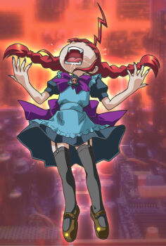 Rule 34 | 1girl, ahoge, black thighhighs, blue dress, bow, bowtie, braid, dress, female focus, garter straps, long hair, maid, mary janes, open mouth, os-tan, red hair, saliva, shoes, short sleeves, sign, skull, solo, teeth, thighhighs, twin braids, warning sign, we-tan, zettai ryouiki