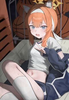 1girl absurdres animal_ear_fluff animal_ears ball basketball_(object) biteryoo blue_archive blue_eyes blue_jacket blush breasts commentary_request gym_shirt gym_shorts gym_storeroom gym_uniform halo headband highres jacket long_hair long_sleeves looking_at_viewer mari_(blue_archive) mari_(track)_(blue_archive) midriff navel official_alternate_costume open_mouth orange_hair shirt short_sleeves shorts small_breasts socks solo sweat track_jacket v vaulting_horse white_headband white_shirt white_socks yellow_halo