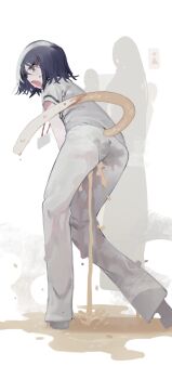 1girl ass bad_id bad_pixiv_id black_eyes blue_hair blush cat_girl cat_tail embarrassed female_focus from_behind full_body grey_footwear grey_panties grey_pants hair_ornament hairclip have_to_pee highres id_card leaning_forward mumu_(mumumu_gaman) open_mouth original panties pants pee peeing peeing_self people puddle queue see-through_clothes shirt shoes short_hair short_sleeves sidelocks silhouette solo_focus standing steam sweat tail underwear urine_meter wet wet_clothes white_shirt