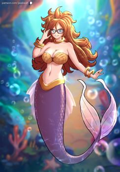 1girl absurdres air_bubble android_21 bubble commentary coral_reef dragon_ball dragon_ball_fighterz earrings english_commentary fish freediving glasses highres hoop_earrings jewelry long_hair merfolk mermaid monster_girl ocean pea-bean round_eyewear seaweed smile solo submerged swimming underwater